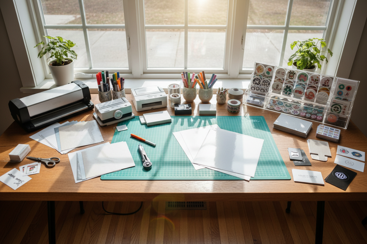 A desk in front of a large window. The desk has materials and tools to make custom magnets, stickers and business cards